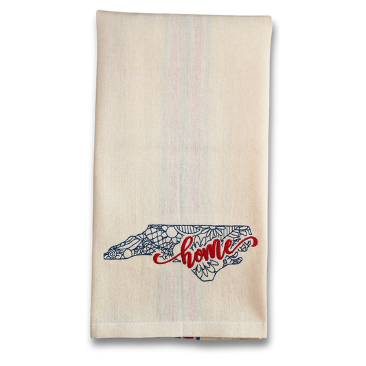 North Carolina Home Kitchen Towel – Embroidered Floral State Outline with Red & Blue Americana Stripes