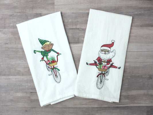 Elf on a Bicycle * Embroidered Kitchen Towel