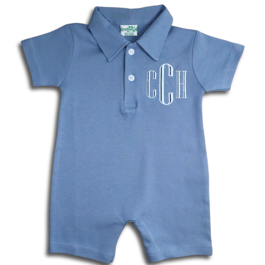 Slate Blue Baby Romper with Engraved Monogram, Polo, Jon Jon, Shortall
