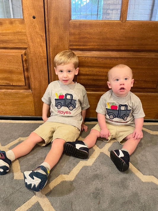 Back to School Truck Shirt with Navy Gingham Applique – Personalized Option