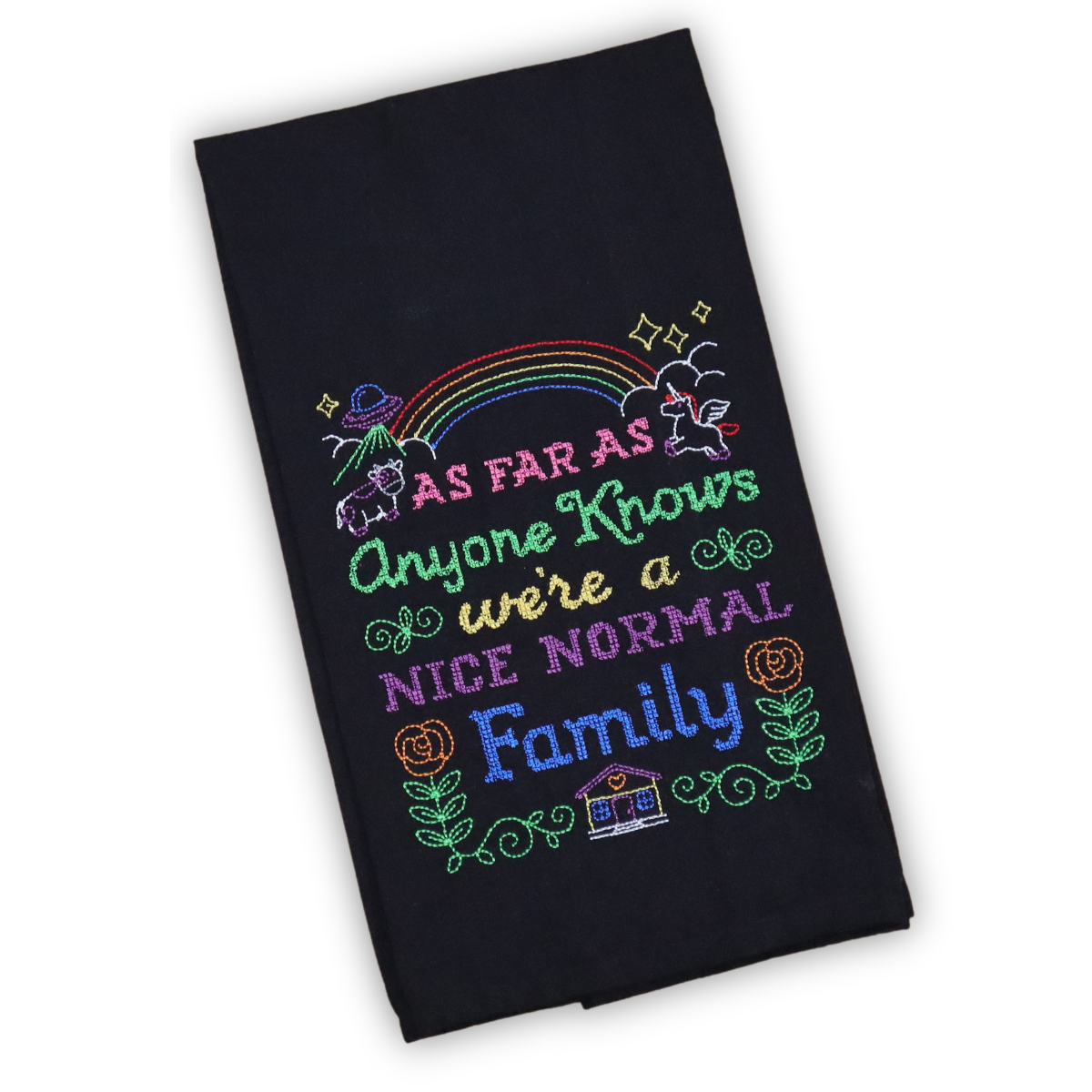 Cross-stitch Style | We're a Nice Normal Family | Embroidered Kitchen Towel