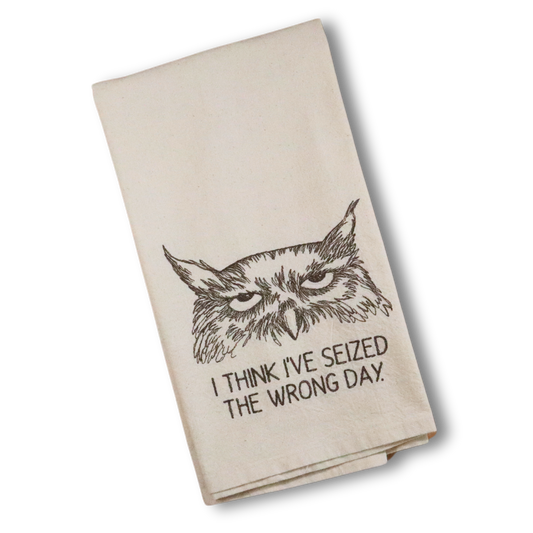 Grumpy Owl * I Think I’ve Seized the Wrong Day * Embroidered Hand Towel
