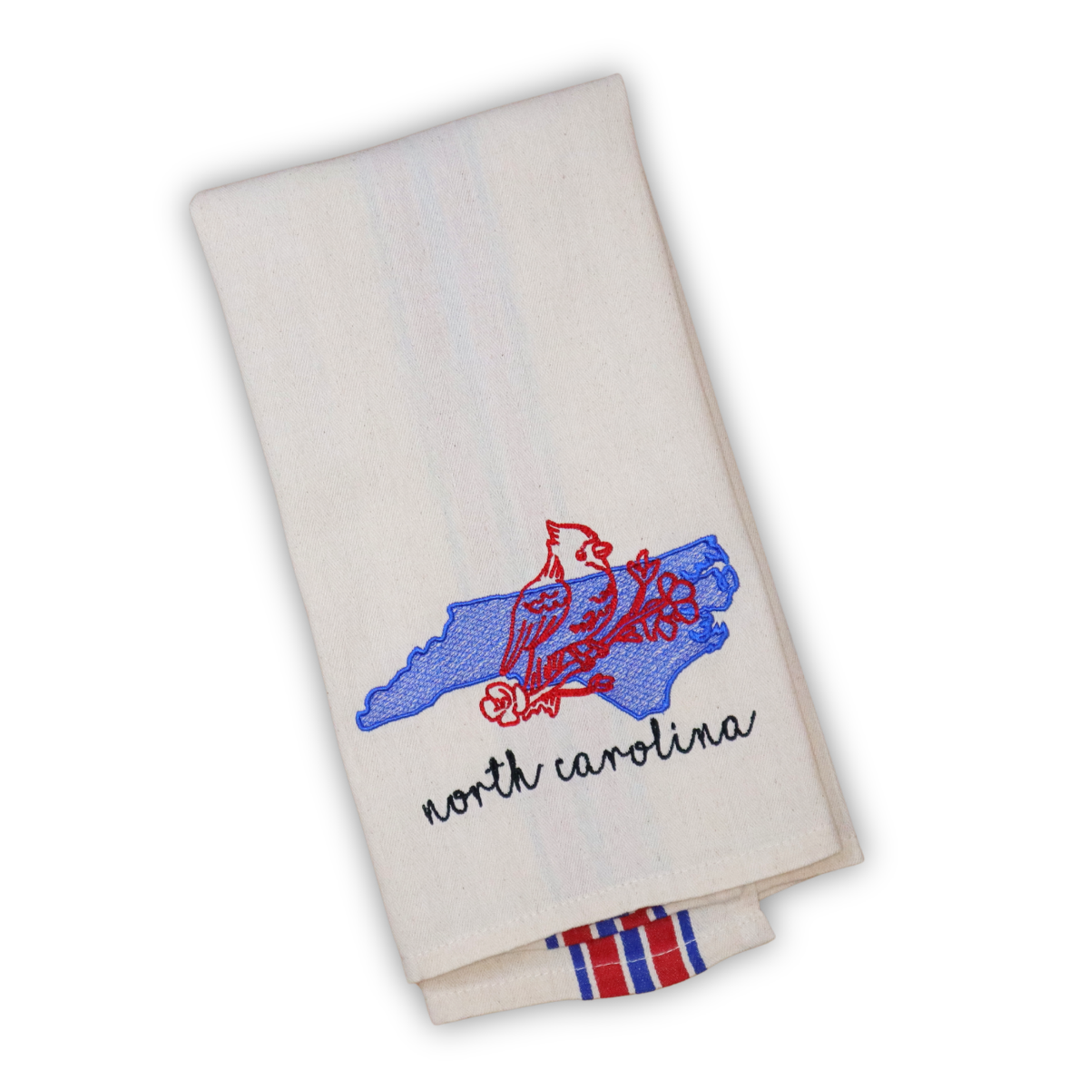 North Carolina Cardinal Kitchen Towel – Embroidered State Outline with Red & Blue Americana Stripes
