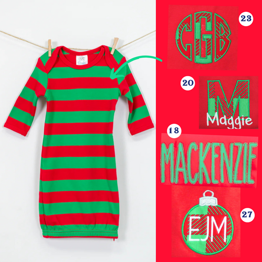 PRE-ORDER ONLY * Kids HOLIDAY 0-3mos BABY GOWN! 2025 * RTS mid-November * Red Green Stripe