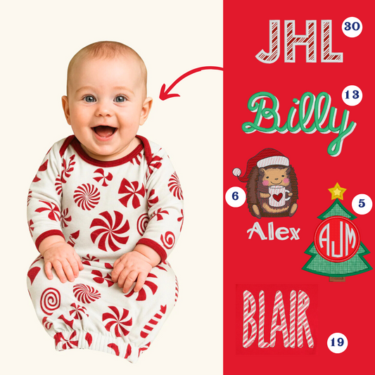 PRE-ORDER ONLY * Kids HOLIDAY 0-3mos BABY GOWN! 2025 * RTS mid-November * Peppermint Pop