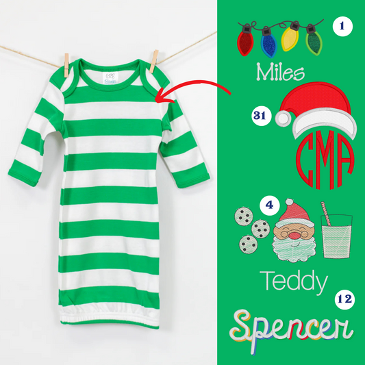 PRE-ORDER ONLY * Kids HOLIDAY 0-3mos BABY GOWN! 2025 * RTS mid-November * Green White Stripe