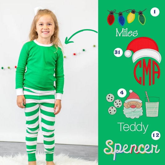 PRE-ORDER ONLY * Kids HOLIDAY PJs! 2025 * RTS mid-November * Green White Stripe