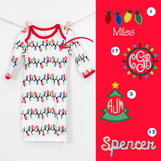 PRE-ORDER ONLY * Kids HOLIDAY 0-3mos BABY GOWN! 2025 * RTS mid-November * Holiday Lights