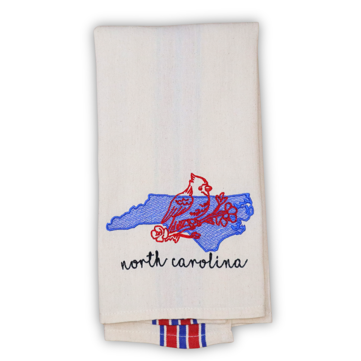 North Carolina Cardinal Kitchen Towel – Embroidered State Outline with Red & Blue Americana Stripes
