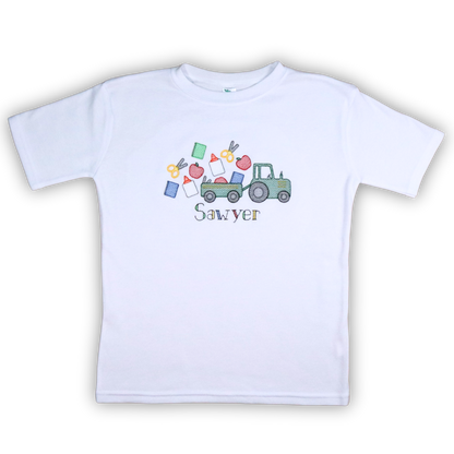 Back to School Tractor Shirt – Sketch Style Embroidered Tee for Kids