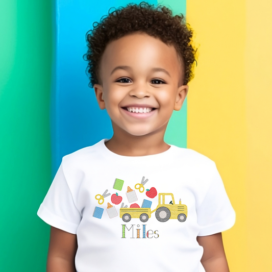 Back to School Tractor Shirt – Sketch Style Embroidered Tee for Kids