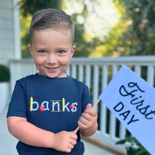 Custom Name Shirt with Back to School Theme – Pencil, Apple, Scissors & More