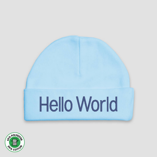 Blue Baby Hat, 0-6months with "Hello World" embroidered