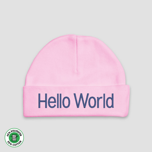 Pink Baby Hat, 0-6months with "Hello World" embroidered