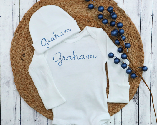 Classic Hand Stitch Style Embroidered Onesie and Hat