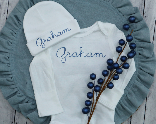 Classic Hand Stitch Style Embroidered Onesie and Hat