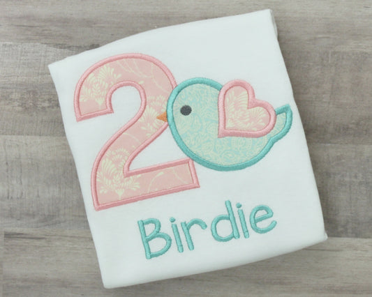 Bird Applique Birthday Shirt in Baby Pink