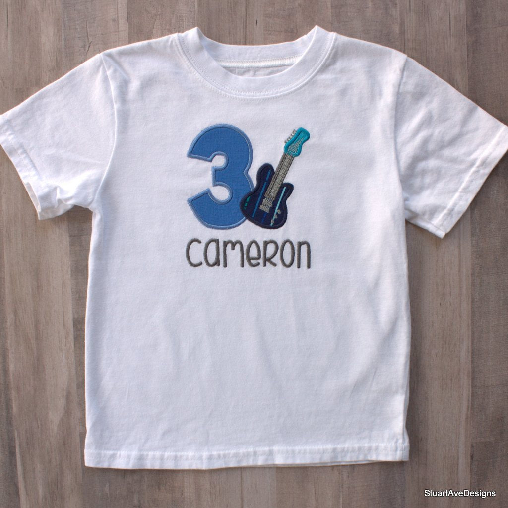 Electric Guitar Applique Birthday Shirt, White with Blues