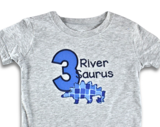 Personalized Name-Saurus Dinosaur Applique Birthday Shirt