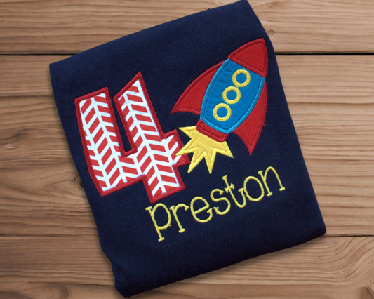 Rocket Ship Applique Birthday on Navy Shirt