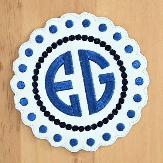 Custom Embroidered Coasters, 2-letter Polka Dota Mono, navy and blue