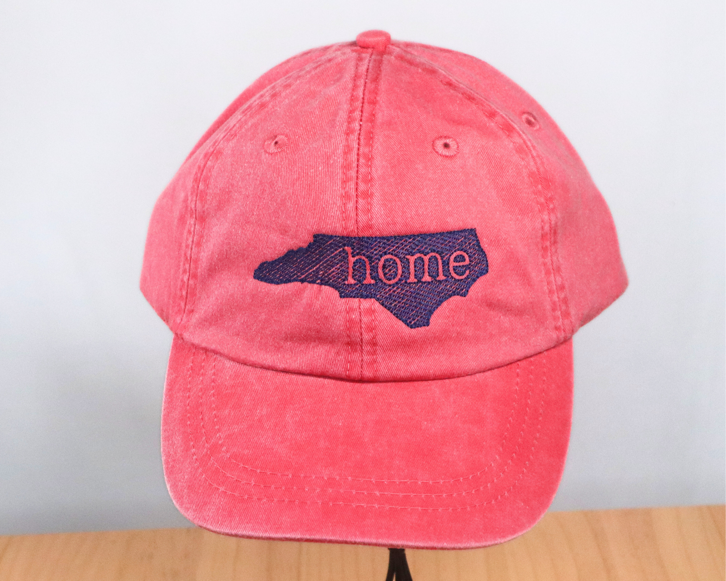 Embroidered Hat, North Carolina "home" sketch design, red with navy