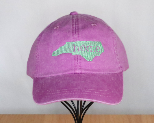 Embroidered Hat, North Carolina "home" sketch design, purple with green