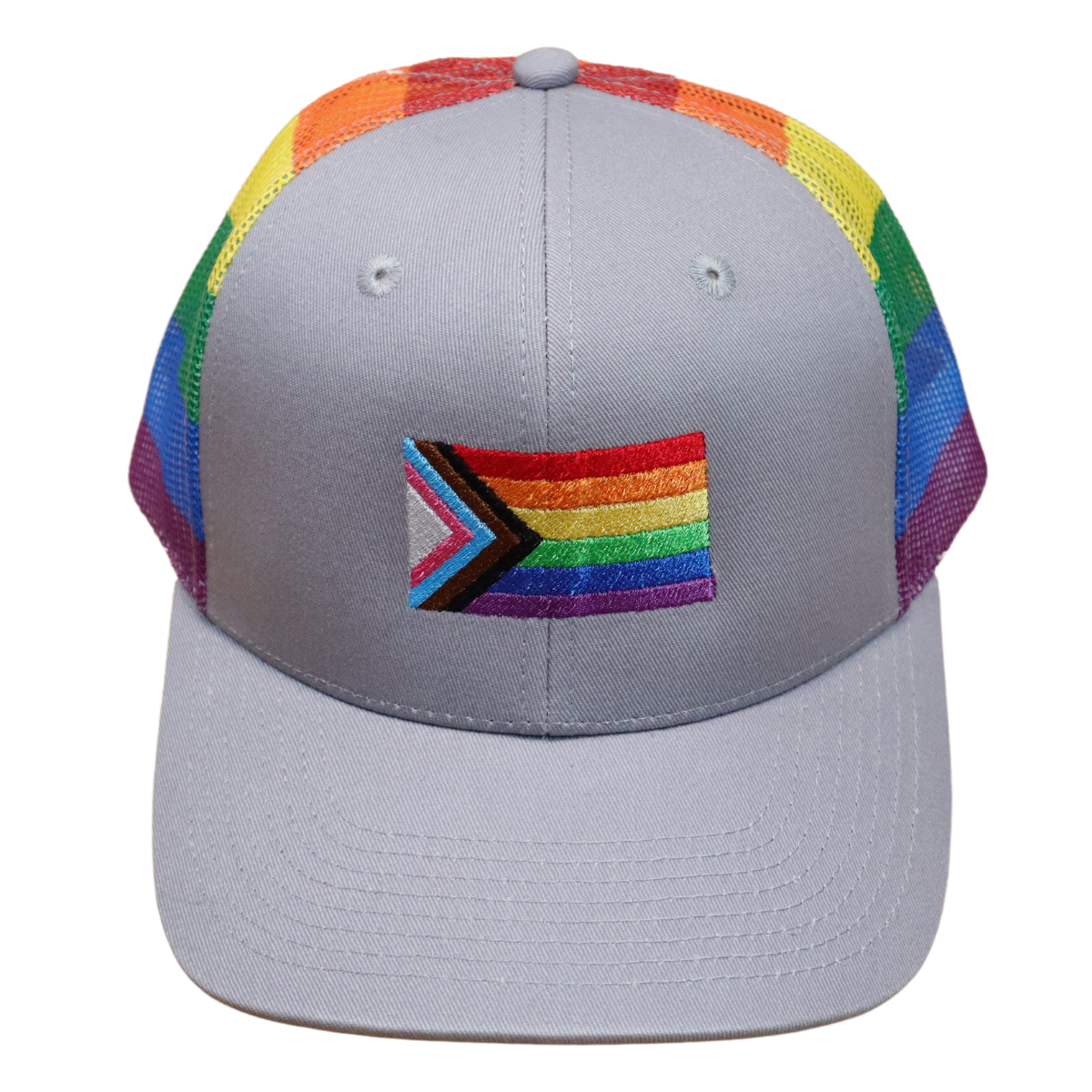 Front view of a gray structured hat with a waving Progress Pride flag embroidered on the center front panel