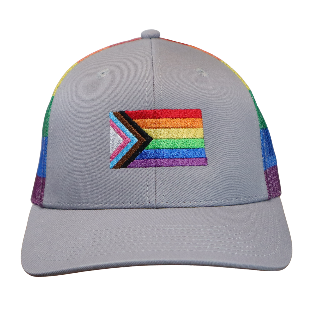 Gray six-panel hat with Progress Pride flag embroidery on the front and a pre-curved gray visor