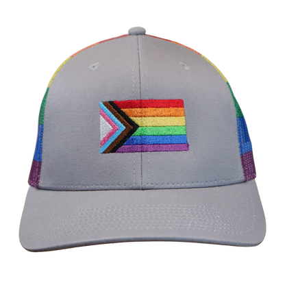 Gray six-panel hat with Progress Pride flag embroidery on the front and a pre-curved gray visor