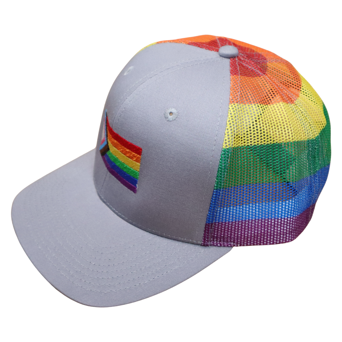 Side angle of a gray hat with Progress Pride flag embroidery on the front and rainbow striped mesh panels wrapping the back