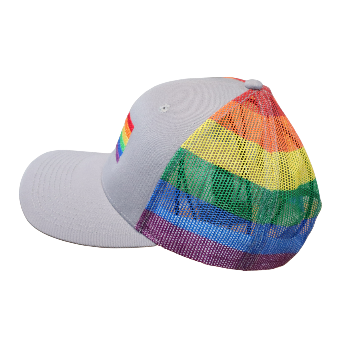 Side profile of a gray structured hat showing the rainbow striped mesh back and gray visor
