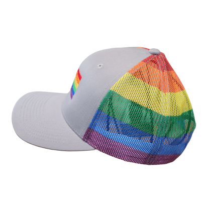 Side profile of a gray structured hat showing the rainbow striped mesh back and gray visor