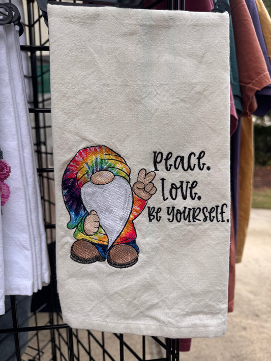 Gnome Towel, Peace Love Be Yourself Tie Dye Rainbow Embroidered Hand Towel
