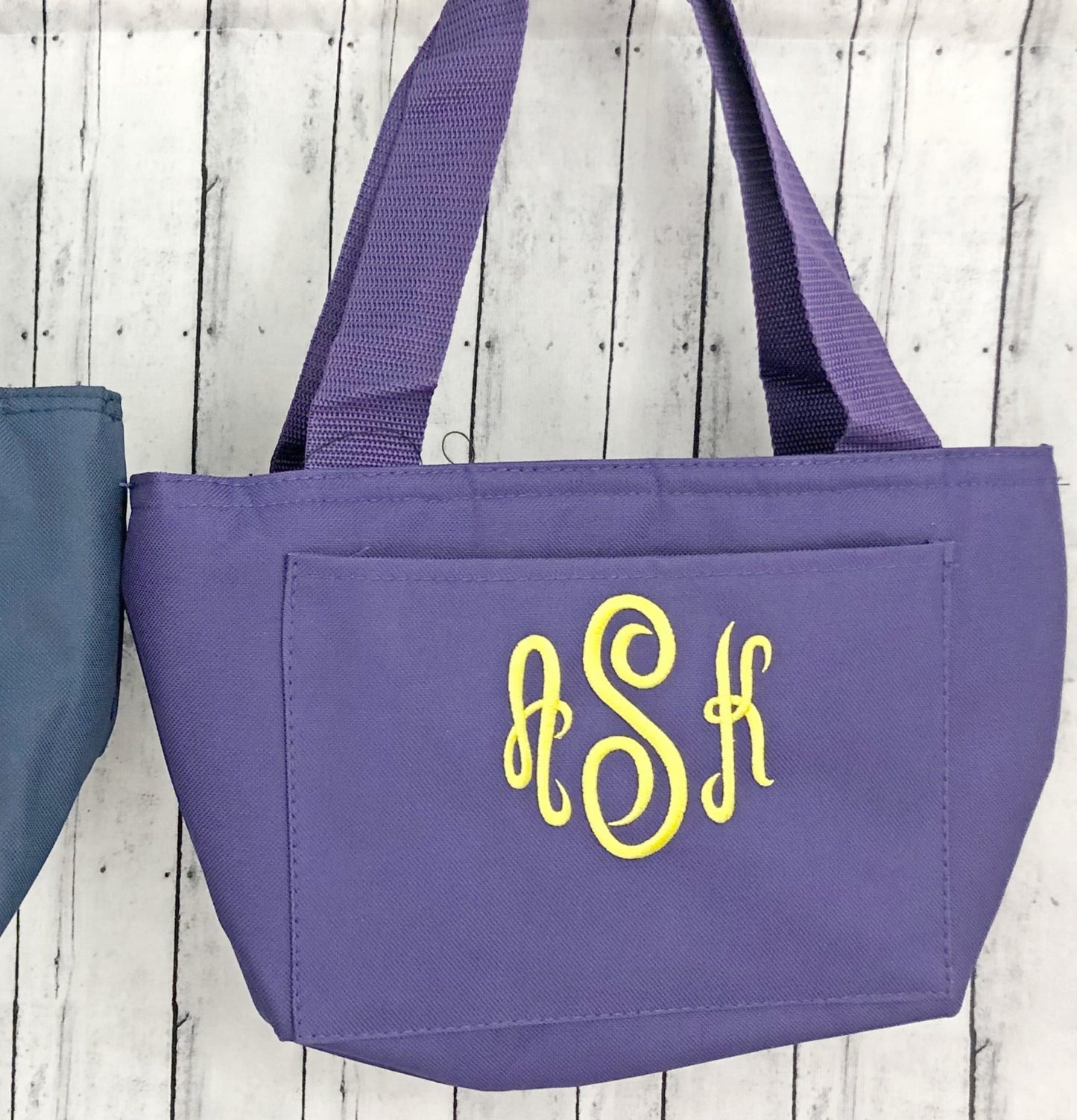 Monogrammed lunchbox, purple with yellow circle script mono, Lunch Cooler