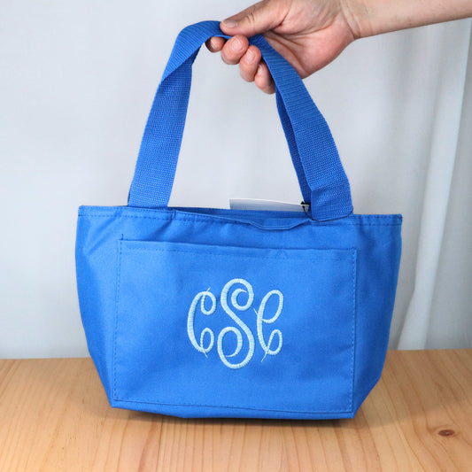 Monogrammed lunchbox, royal blue with light blue circle script mono, Lunch Cooler