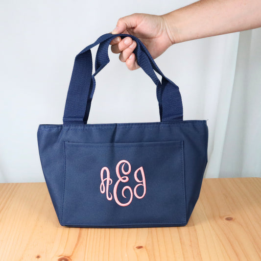 Monogrammed lunchbox, navy with pink circle script mono, Lunch Cooler