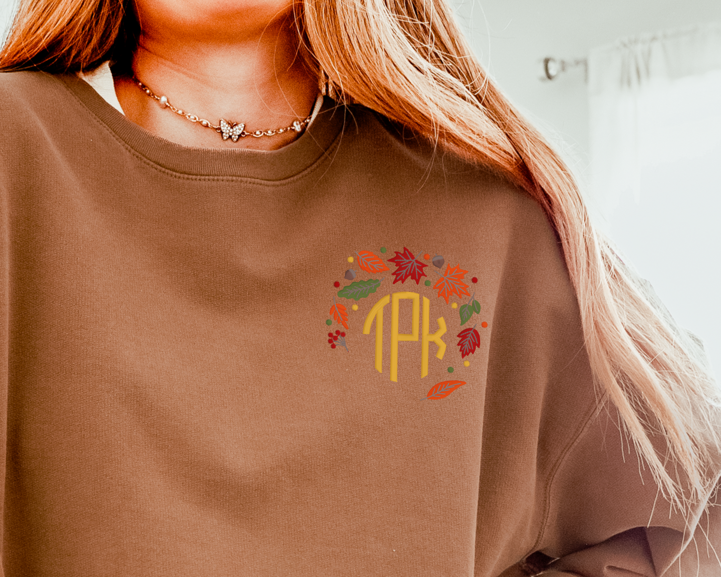 Falling Leaves Monogram on Sweatshirt (Comfort Colors Espresso)