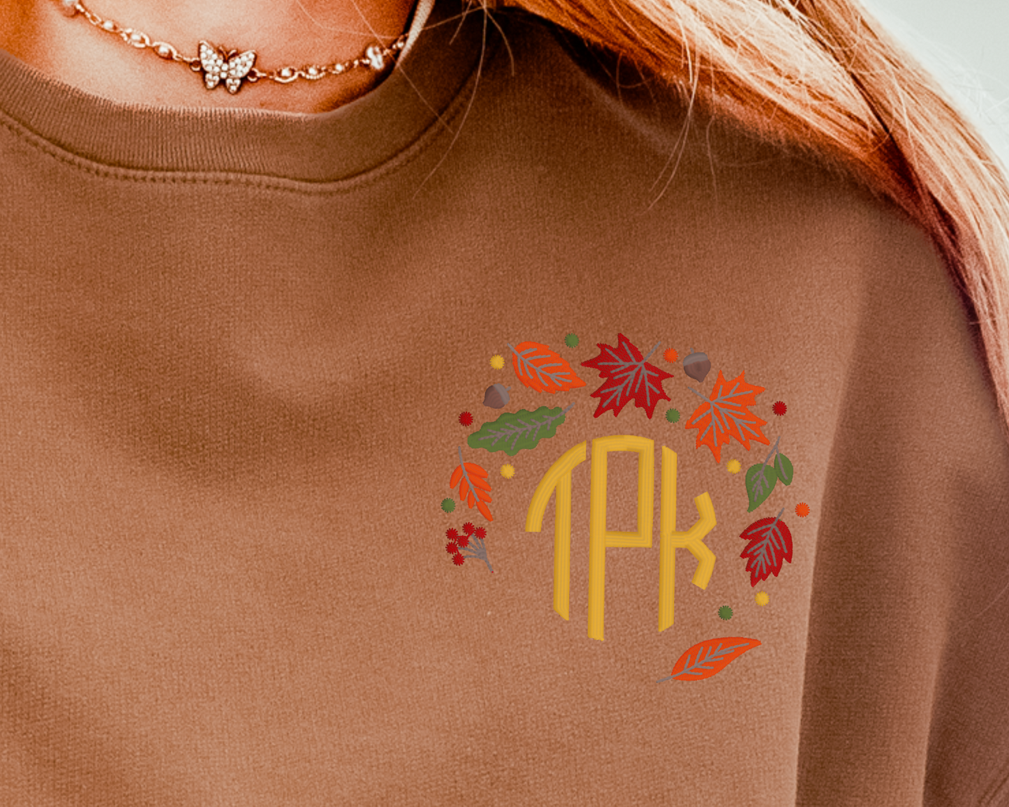 Falling Leaves Monogram on Sweatshirt (Comfort Colors Espresso)