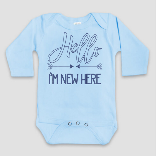 Blue Baby Onesie "Hello I'm New Here"