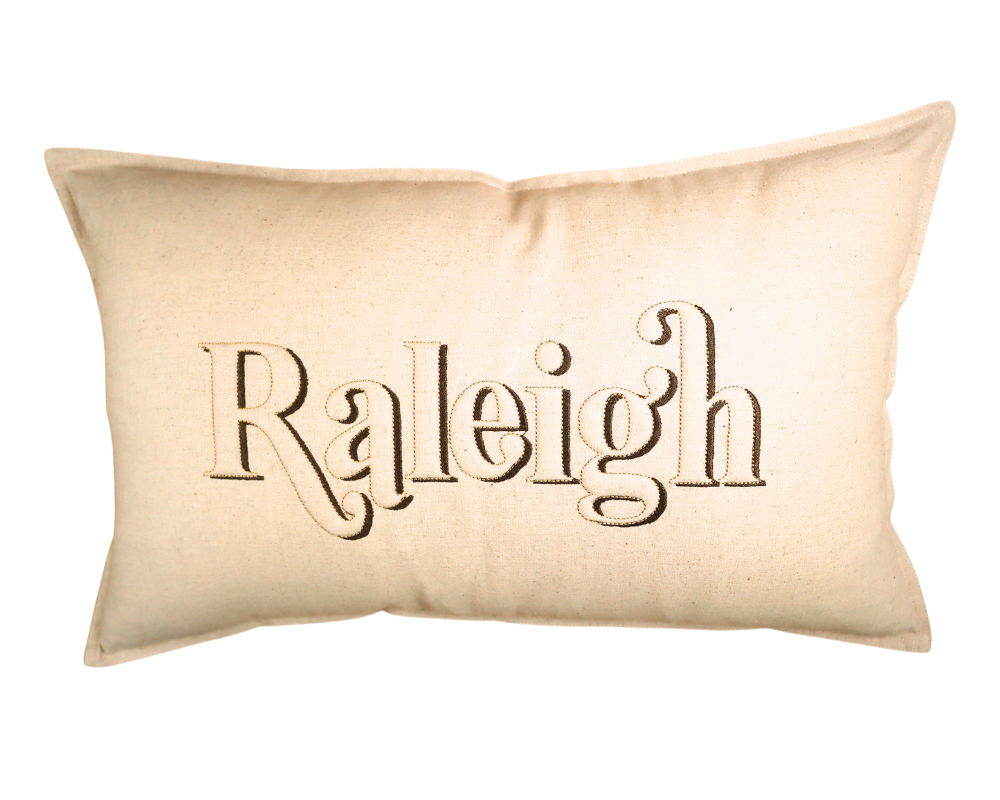 Raleigh Trapunto *RETRO* Lumbar Pillow * Tan Linen with Brown thread * North Carolina * 3D lettering