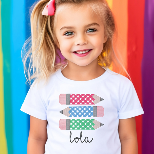 Gingham Pencils Embroidered Shirt – Back to School Tee for Kids