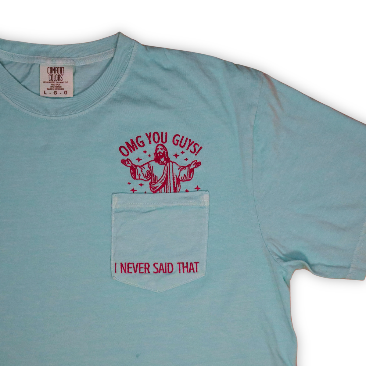 OMG! Jesus Embroidered POCKET Tee, Aqua with Purple