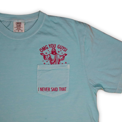 OMG! Jesus Embroidered POCKET Tee, Aqua with Purple