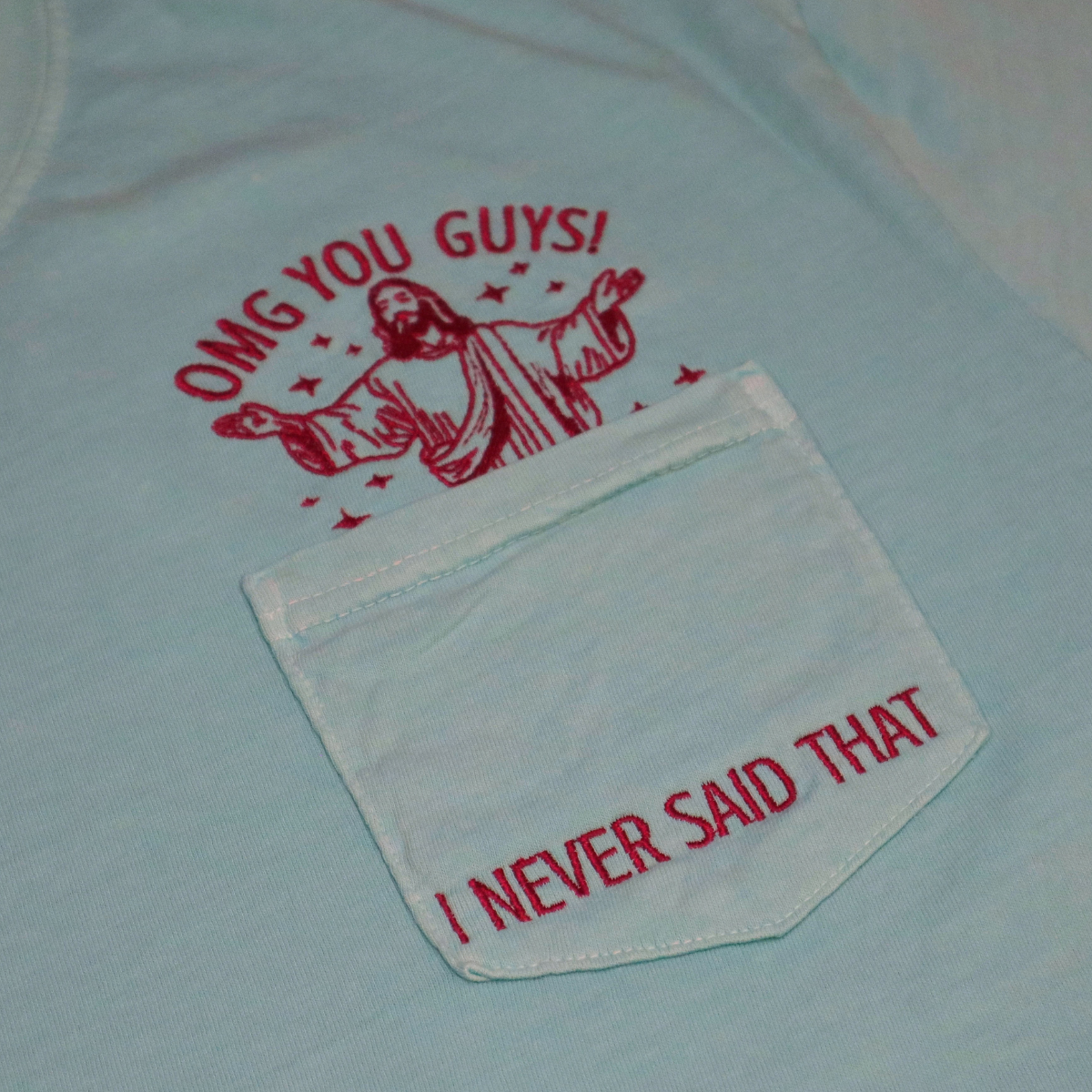 OMG! Jesus Embroidered POCKET Tee, Aqua with Purple