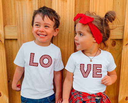 LO-VE Valentine’s Sibling Shirt Set | Matching LOVE Appliqué Tees for Babies, Toddlers & Kids