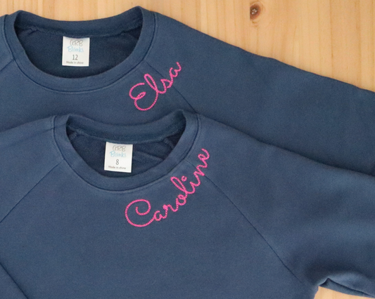 Youth Sweatshirt with hand-embroidered-style cursive on Collar