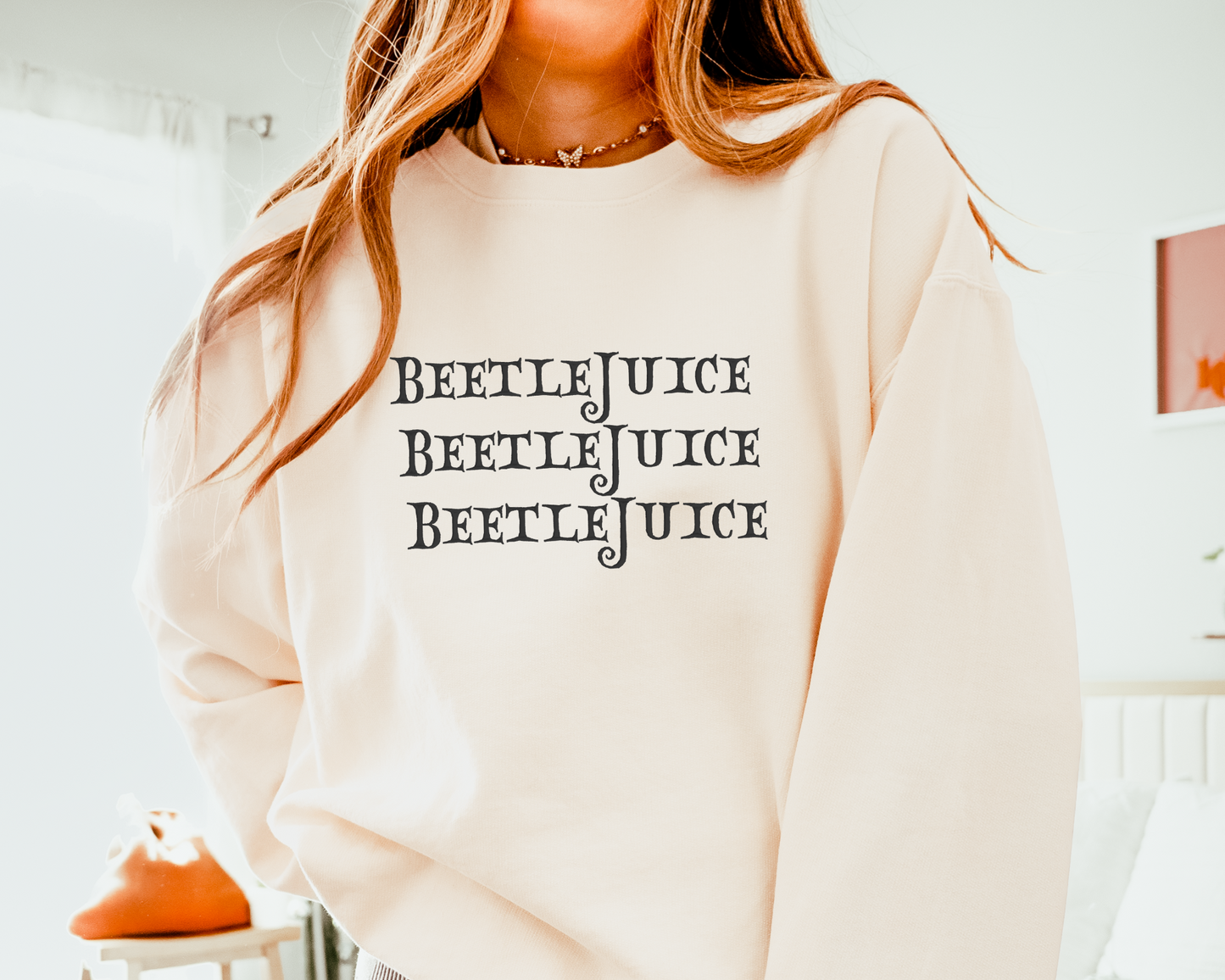 Beetlejuice in black thread on Sweatshirt (Comfort Colors Ivory)