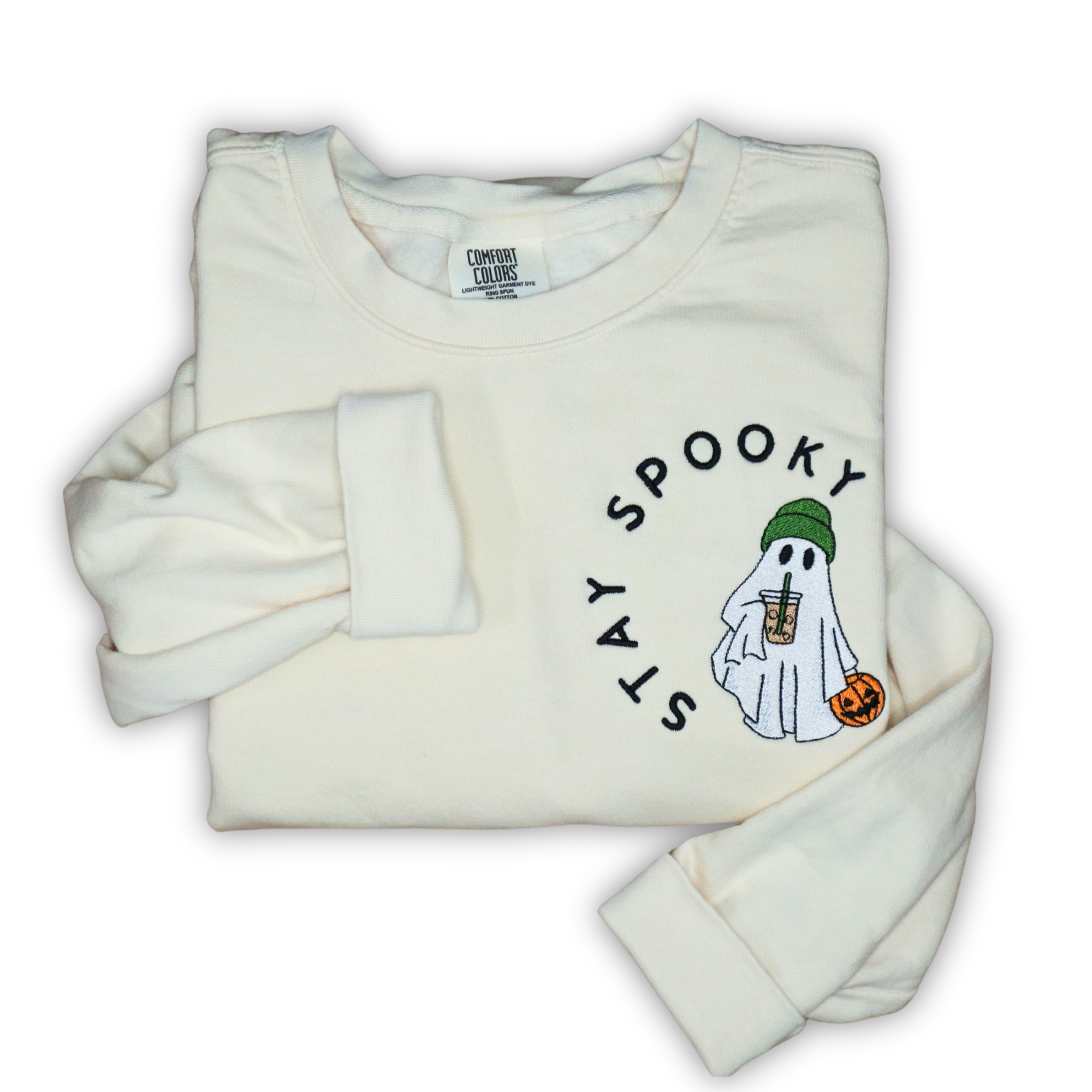 Ghost with Iced Coffee and Pumpkin on Sweatshirt (Comfort Colors Ivory)
