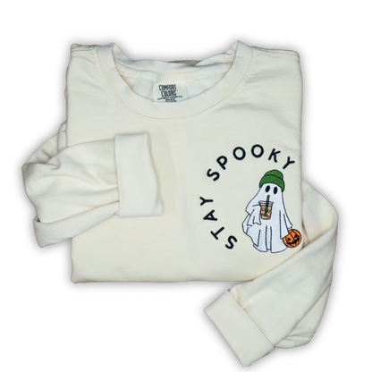 Ghost with Iced Coffee and Pumpkin on Sweatshirt (Comfort Colors Ivory)